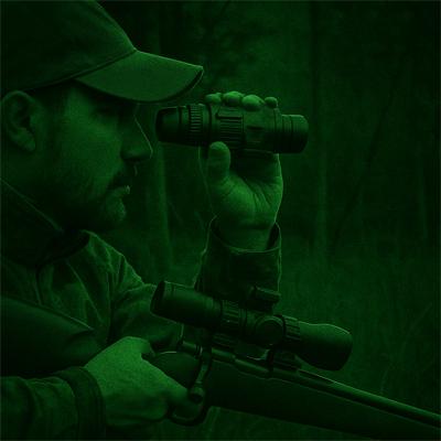 Man Using Night Vision Monocular to Hunt in Dark